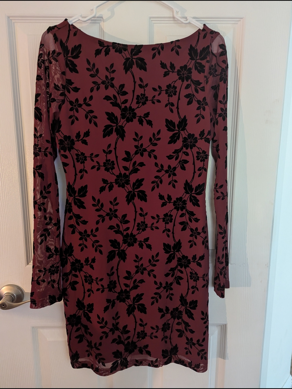 Burgundy Long-Sleeve Floral Velvet Burnout Bodycon Dress